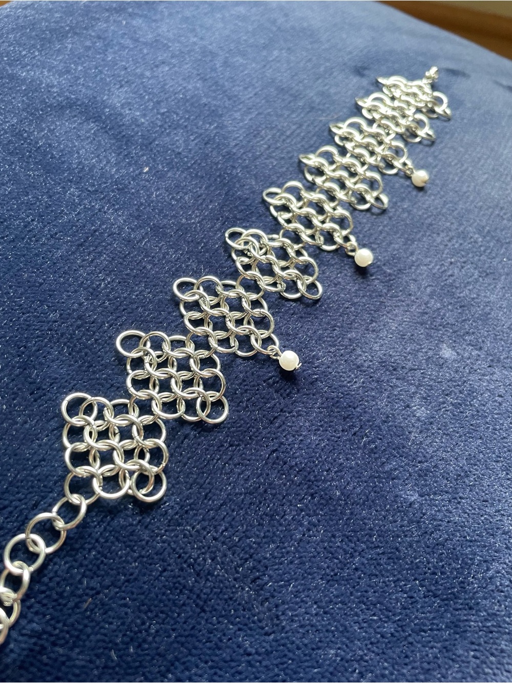 Silver Chainmaille Bracelet with White Bead Accents